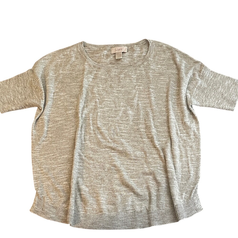 Loft Womens Marled Knit Short Sleeve Dolman Sweater Tan White Crew Neck Small
